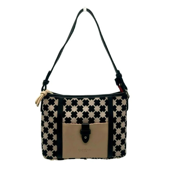 Spartina 449 Ellis Square Dockside Handbag Top Zipper Linen Leather Black Beige - Picture 1 of 10